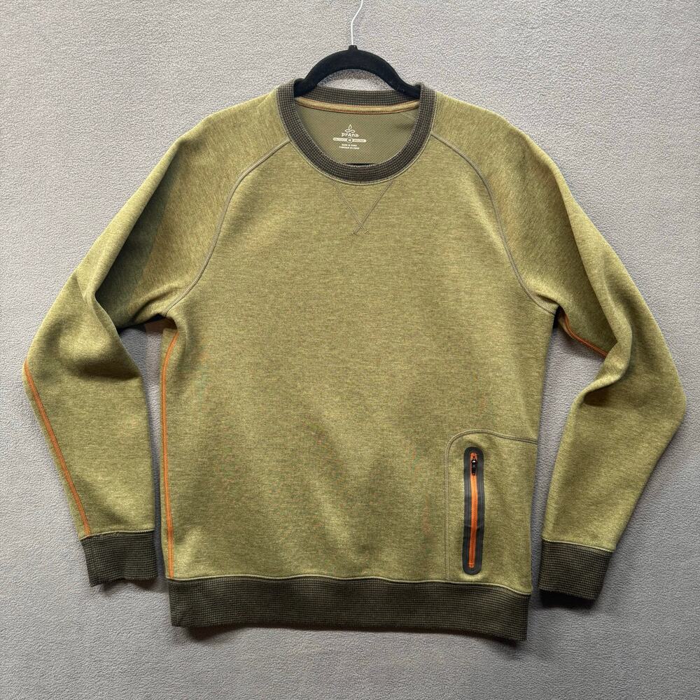 Prana Halgren Pullover Long Sleeve Crew Mens M Cargo Green Heather Zipper Pocket